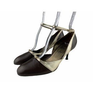 Un Deux Trois 1 2 3 Brown Gold Strap Buckle Heel Pumps Shoes Round Toe Size 7.5